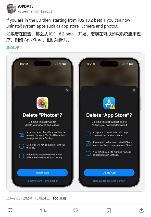 厦门苹果手机维修分享iOS 18.2 支持删除 App Store 应用商店 