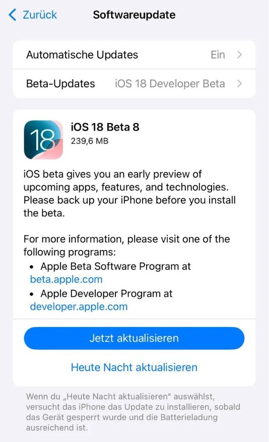 厦门苹果手机维修分享苹果 iOS / iPadOS 18 开发者预览版 Beta 8 发布 